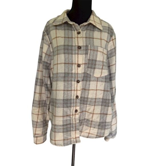 Buckle Tops - BKE Plaid Flannel Shirt Sz L Western Farmgirl Layering Casual Brown Beige Gray